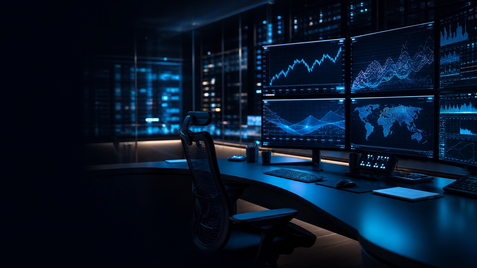 Quantitative research workstation with market data screens