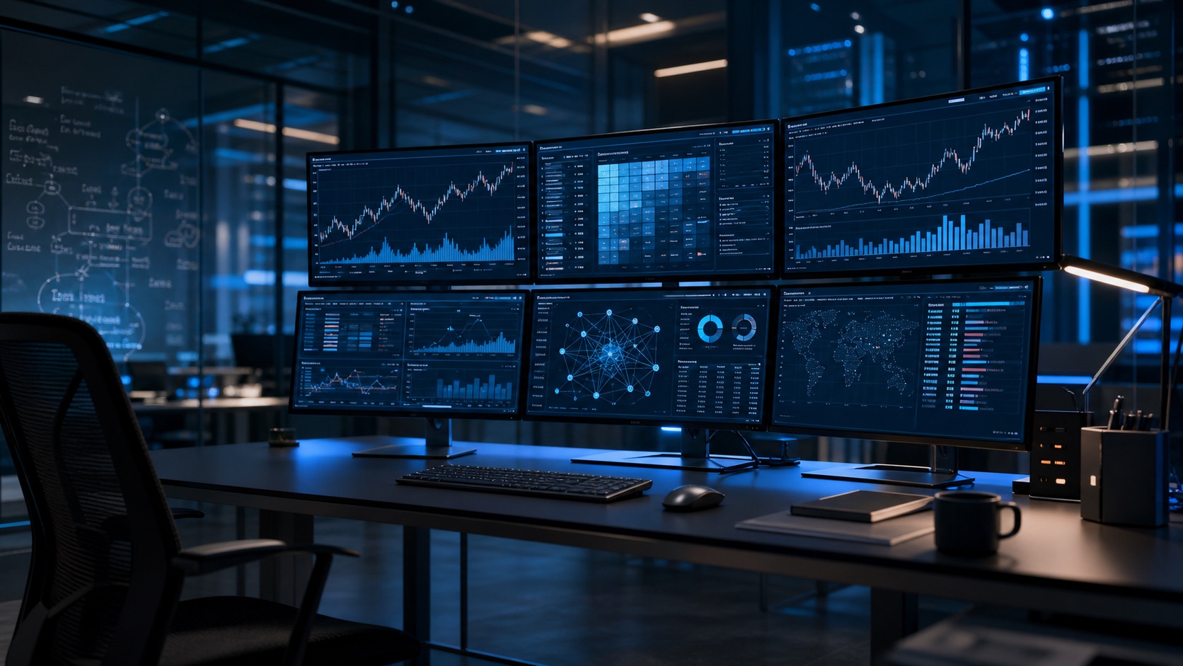 Quantitative research operations room with portfolio analytics dashboards